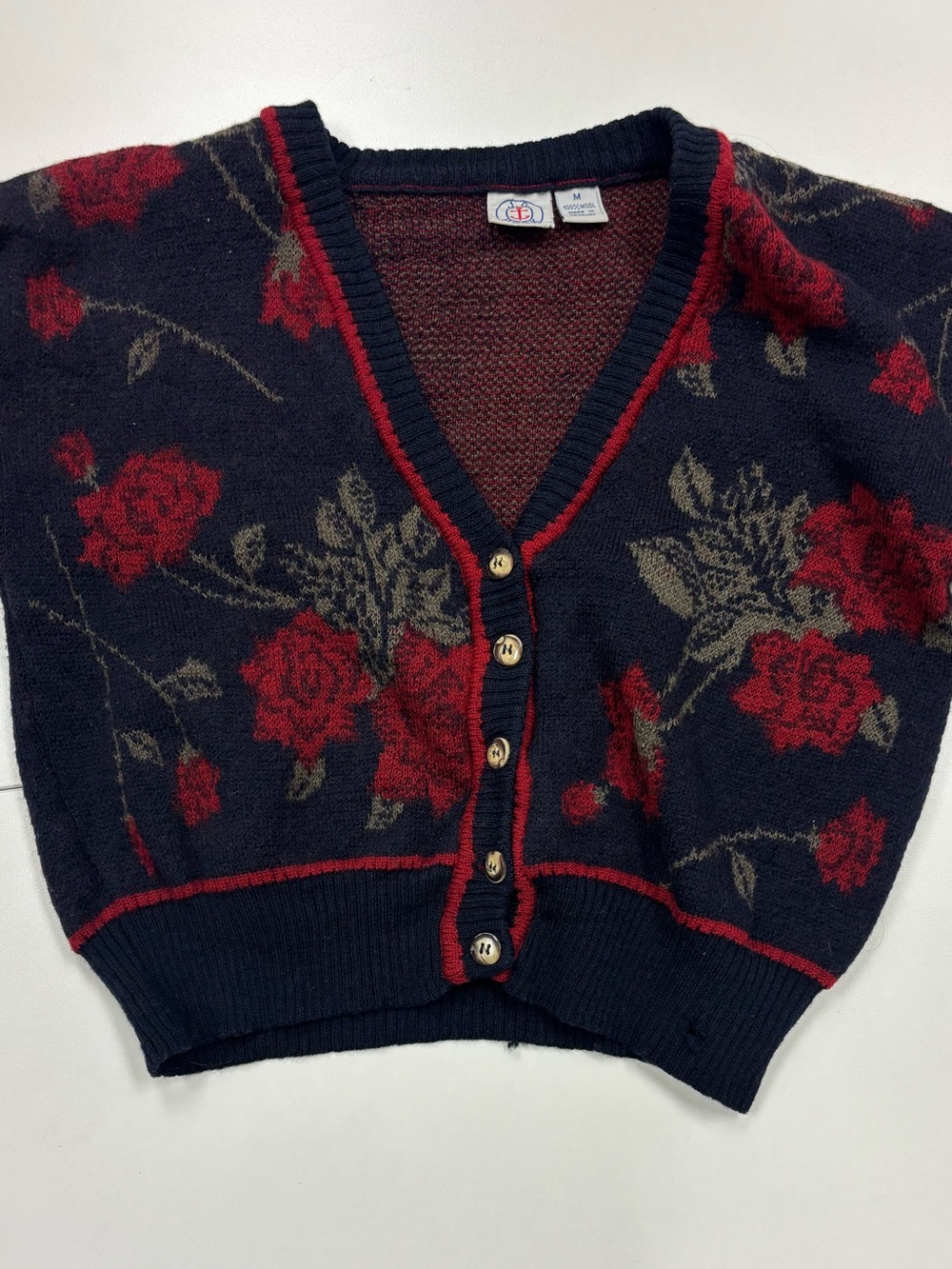 Cozy Navy & Red Rose V-Neck Cardigan - Unbranded